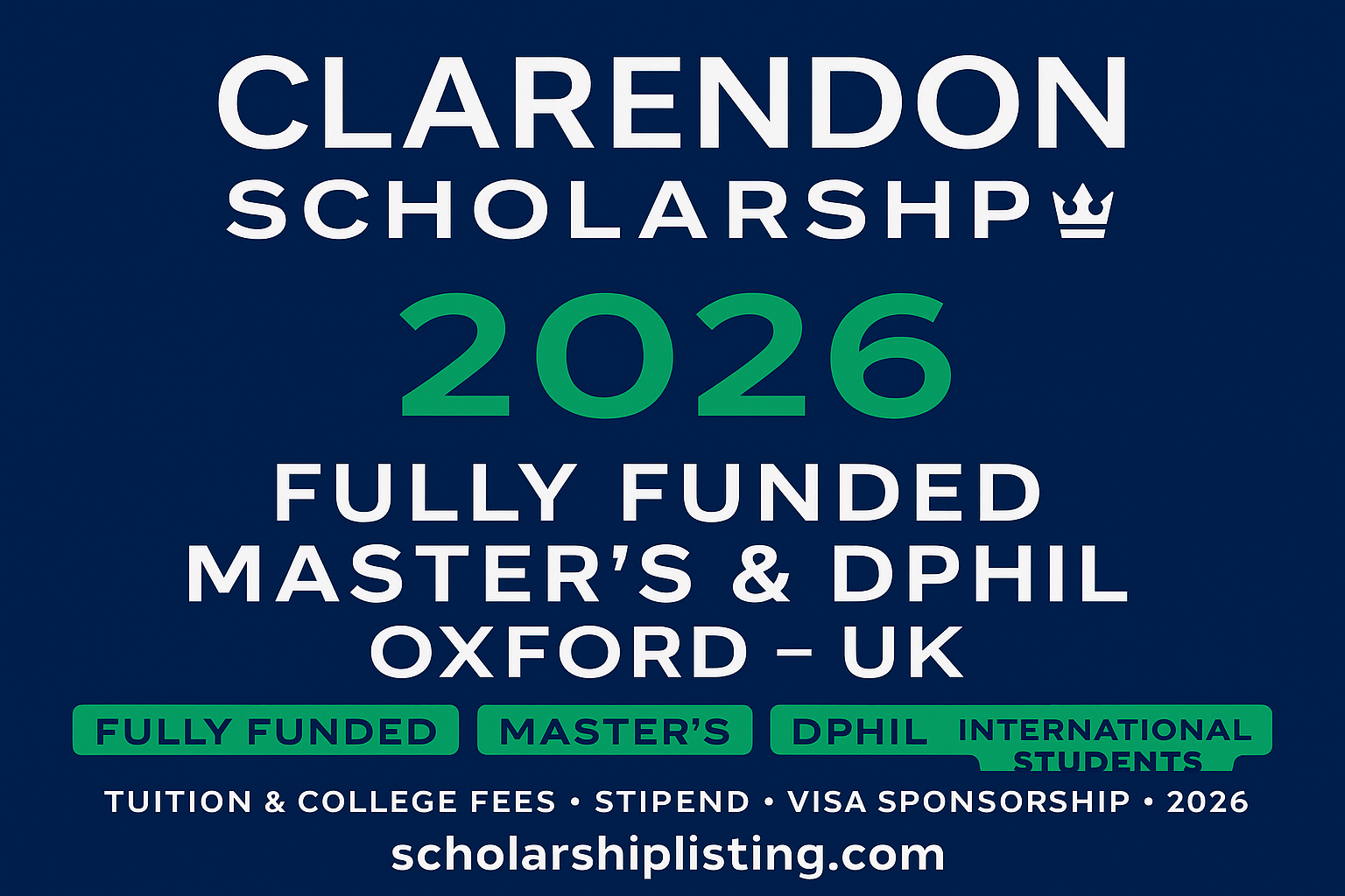 Clarendon Scholarship 2026 fully funded master’s and DPhil at the University of Oxford banner – scholarshiplisting.com